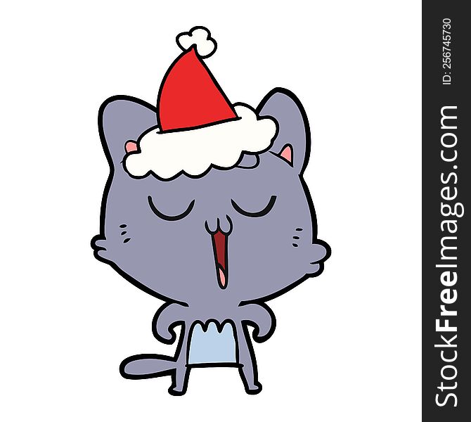 hand drawn line drawing of a cat singing wearing santa hat