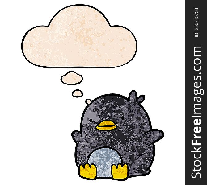 Cute Cartoon Penguin And Thought Bubble In Grunge Texture Pattern Style