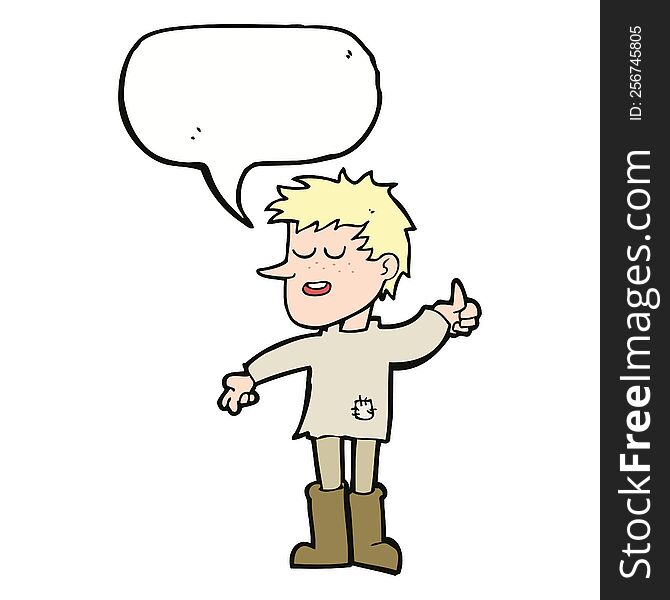 cartoon poor boy with positive attitude with speech bubble