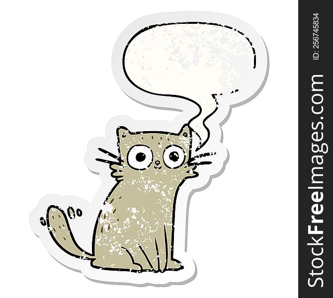 cartoon staring cat with speech bubble distressed distressed old sticker. cartoon staring cat with speech bubble distressed distressed old sticker
