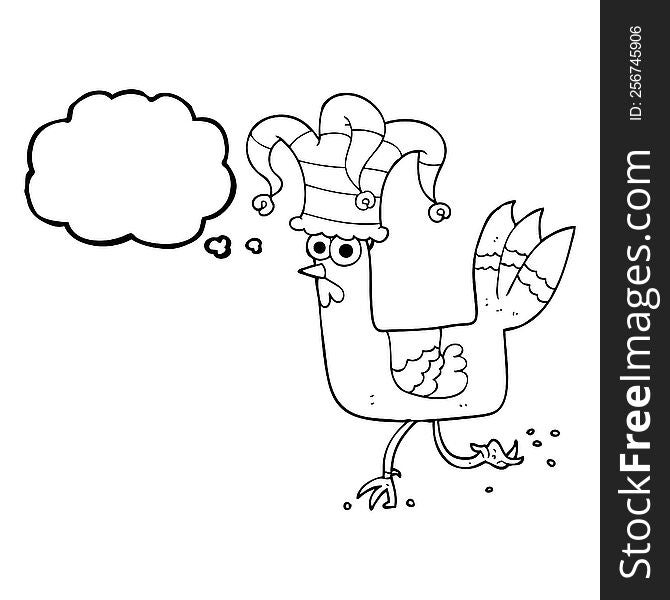 freehand drawn thought bubble cartoon chicken running in funny hat