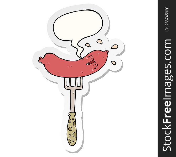 cartoon happy sausage on fork and speech bubble sticker