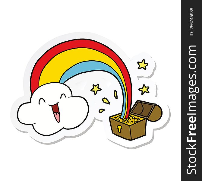sticker of a cartoon rainbow and pot of gold