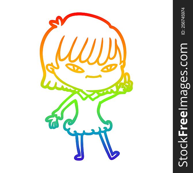 Rainbow Gradient Line Drawing Cartoon Woman With Idea