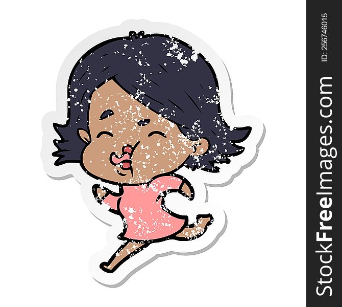 Distressed Sticker Of A Cartoon Girl Pulling Face