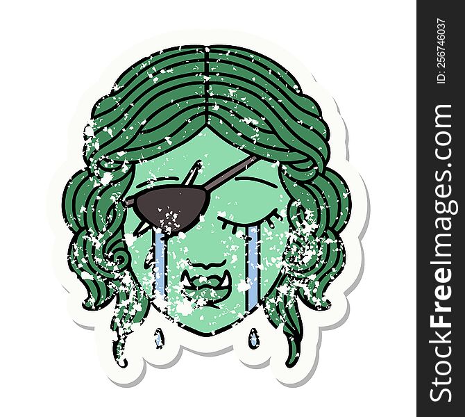 grunge sticker of a crying half orc rogue character face. grunge sticker of a crying half orc rogue character face