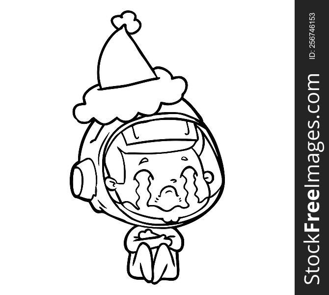 Line Drawing Of A Crying Astronaut Wearing Santa Hat
