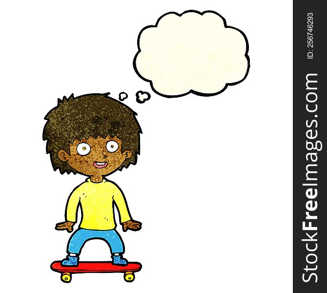 cartoon boy on skateboard with thought bubble