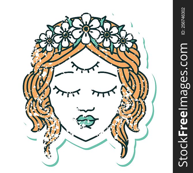 Distressed Sticker Tattoo Style Icon Of Female Face With Third Eye