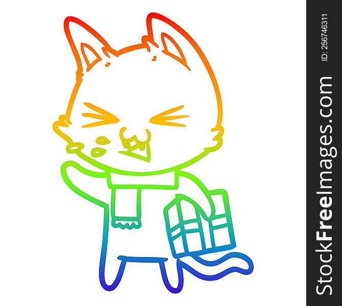 rainbow gradient line drawing of a cartoon hissing cat with christmas present