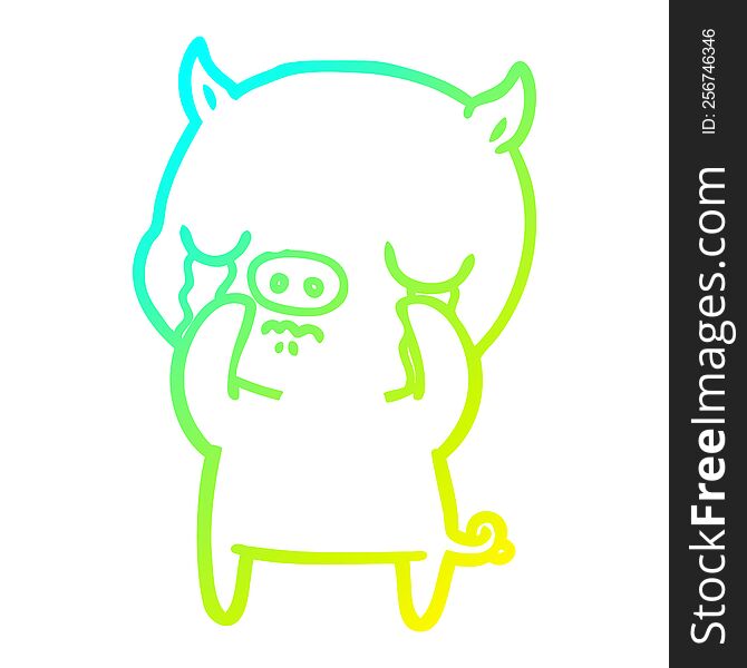 Cold Gradient Line Drawing Cartoon Pig Crying