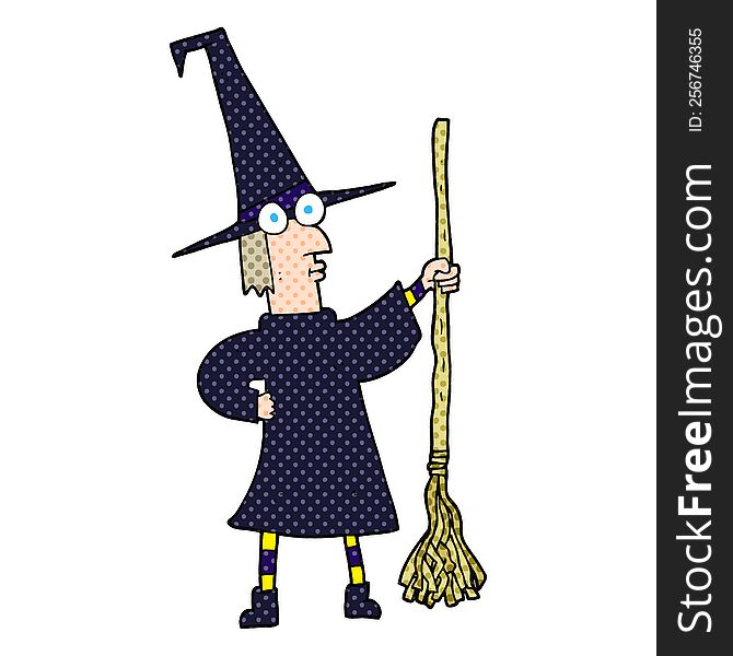 freehand drawn cartoon witch with broom