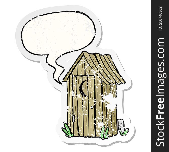 Cartoon Traditional Outdoor Toilet And Crescent Moon Window And Speech Bubble Distressed Sticker