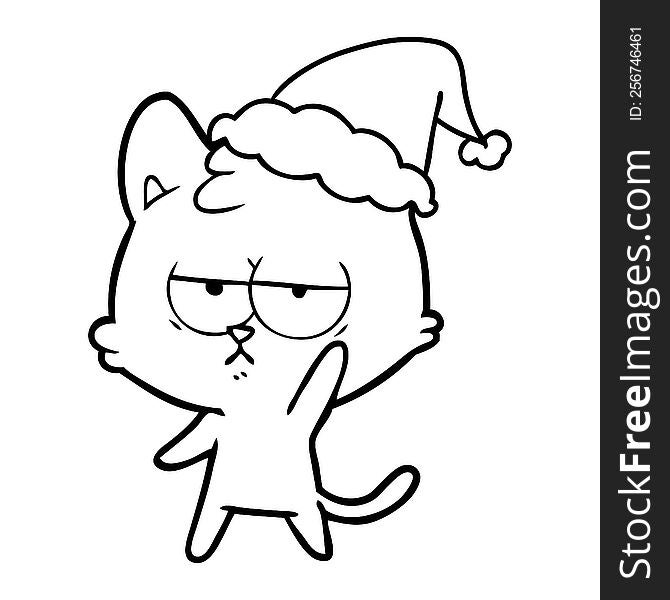 Bored Line Drawing Of A Cat Wearing Santa Hat