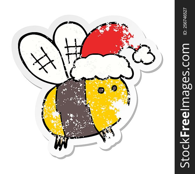 Distressed Sticker Of A Cute Cartoon Bee Wearing Christmas Hat