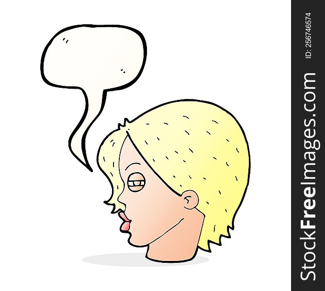Cartoon Female Face With Narrowed Eyes With Speech Bubble