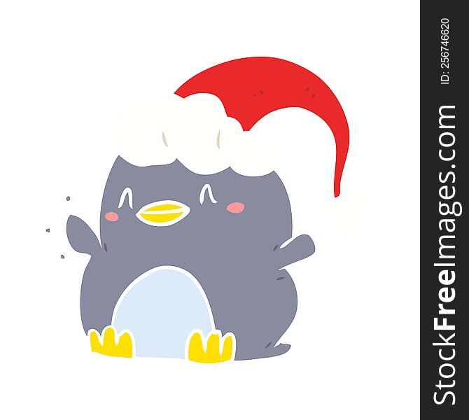 flat color style cartoon penguin wearing christmas hat