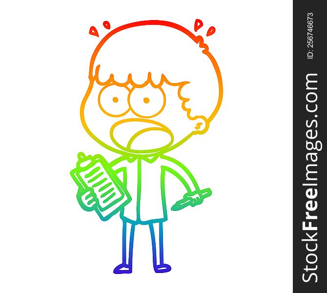 Rainbow Gradient Line Drawing Cartoon Shocked Man With Clipboard And Pen