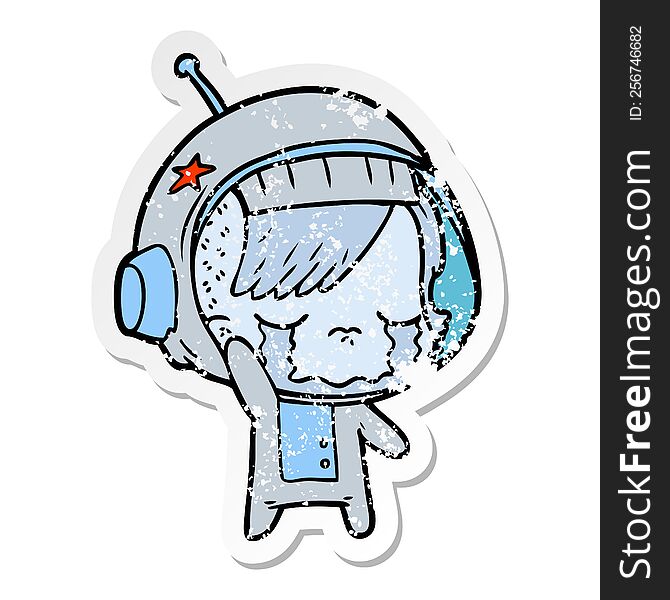 Distressed Sticker Of A Cartoon Crying Astronaut Girl Waving Goodbye