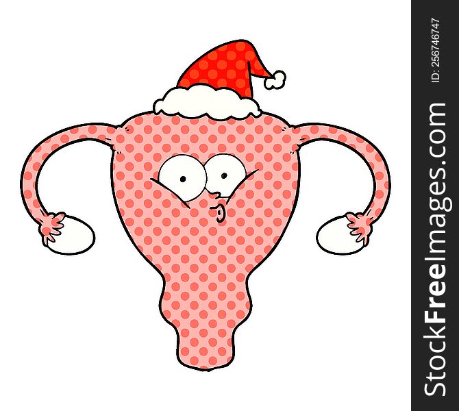 Comic Book Style Illustration Of A Uterus Wearing Santa Hat