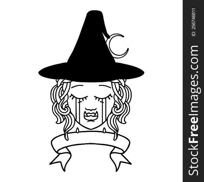 Black and White Tattoo linework Style crying half orc witch character face. Black and White Tattoo linework Style crying half orc witch character face