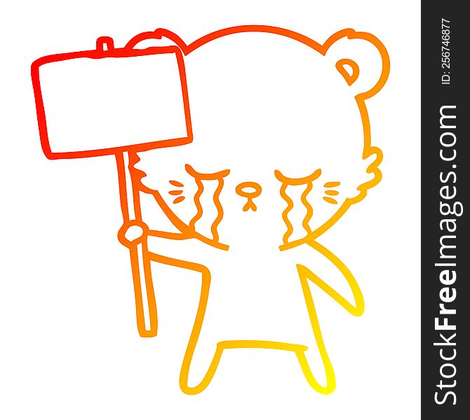 Warm Gradient Line Drawing Crying Cartoon Bear With Sign Post