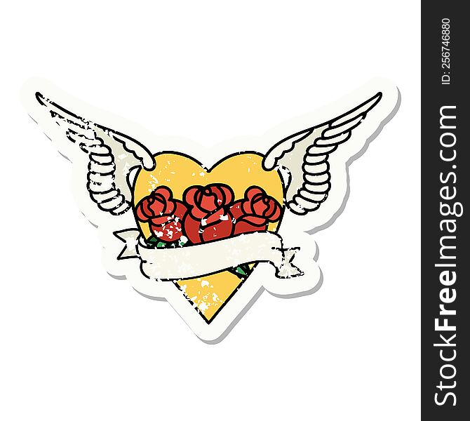Traditional Distressed Sticker Tattoo Of A Heart With Wings Flowers And Banner