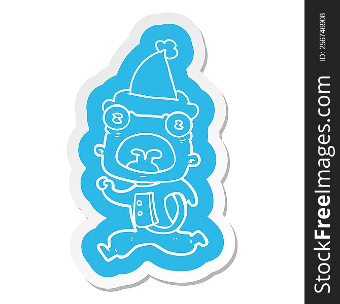 quirky cartoon  sticker of a weird alien running away wearing santa hat