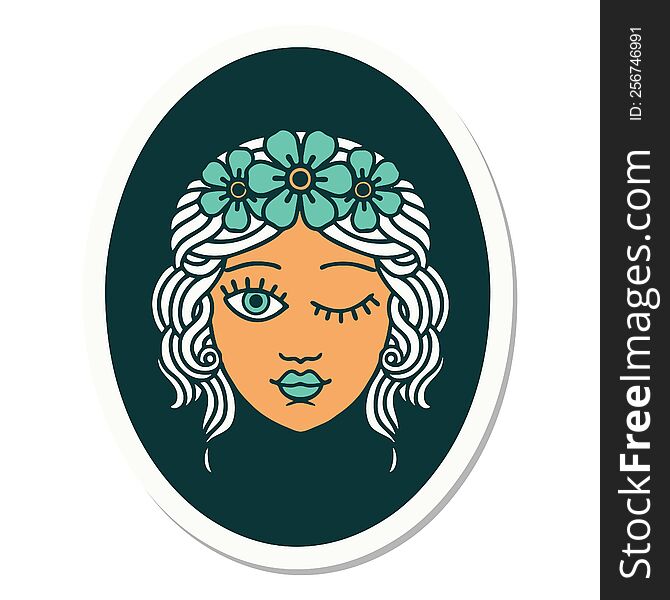 tattoo style sticker of a maiden with crown of flowers winking