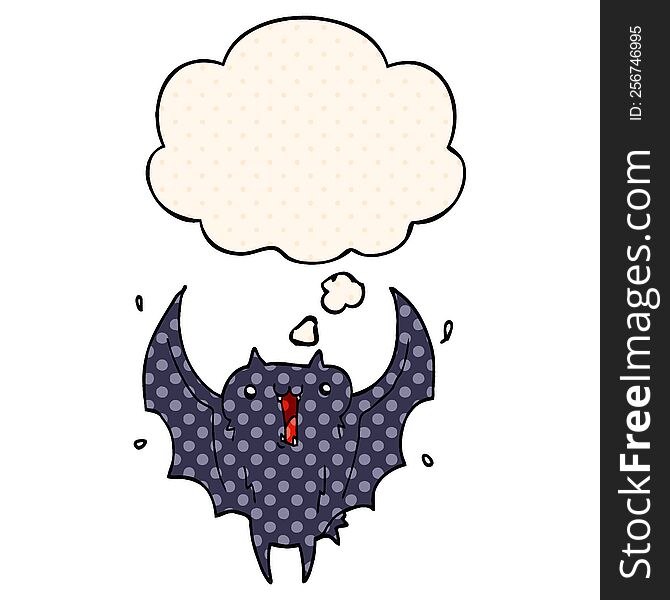 cartoon happy vampire bat with thought bubble in comic book style