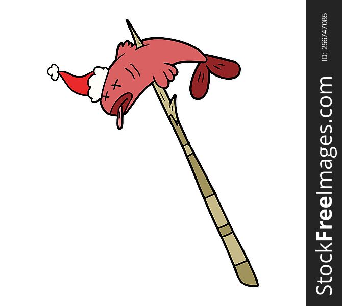 Line Drawing Of A Fish Speared Wearing Santa Hat