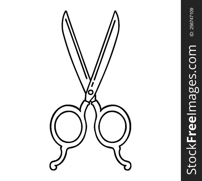 tattoo in black line style of barber scissors. tattoo in black line style of barber scissors