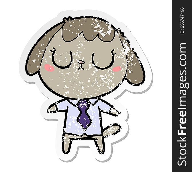 distressed sticker of a cute cartoon dog wearing office shirt