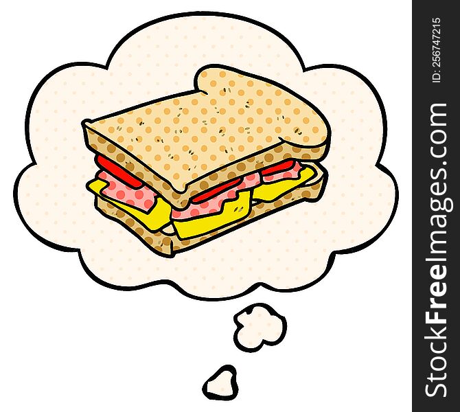 cartoon ham sandwich with thought bubble in comic book style