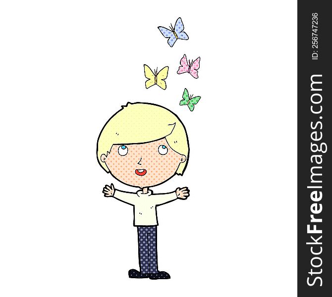 cartoon man and butterflies