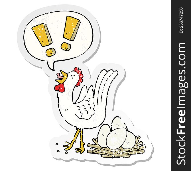 cartoon chicken laying egg with speech bubble distressed distressed old sticker. cartoon chicken laying egg with speech bubble distressed distressed old sticker