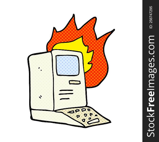 freehand drawn cartoon old computer on fire