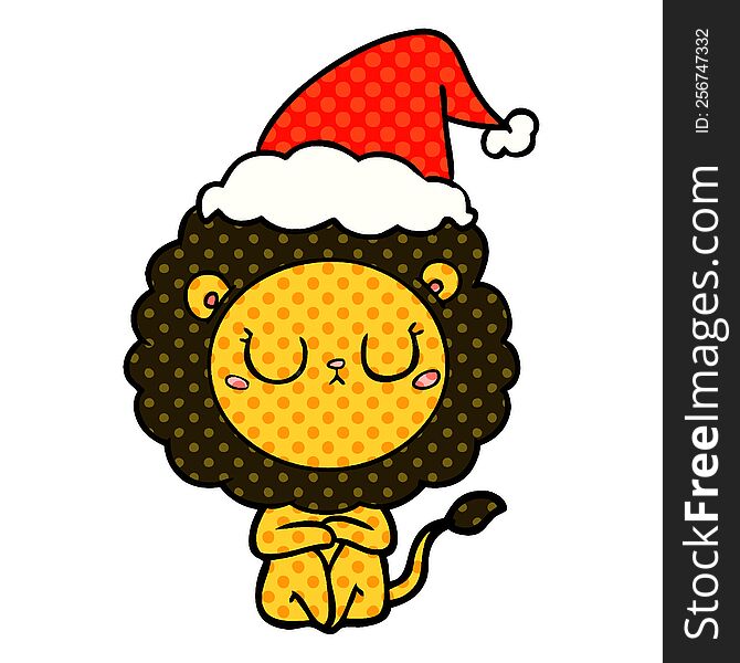 hand drawn comic book style illustration of a lion wearing santa hat