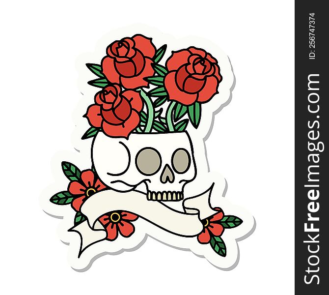 Tattoo Sticker With Banner Of A Skull And Roses