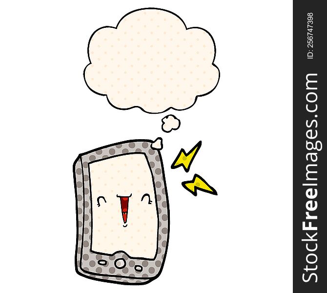 cute cartoon mobile phone with thought bubble in comic book style