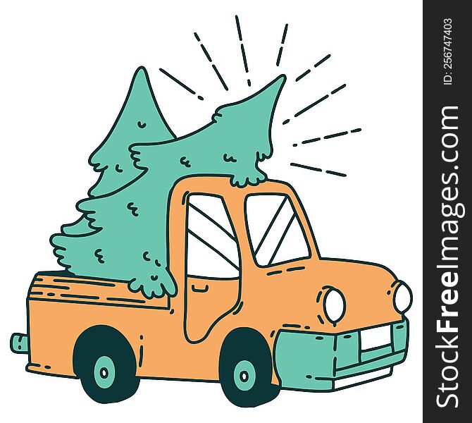 illustration of a traditional tattoo style truck carrying trees