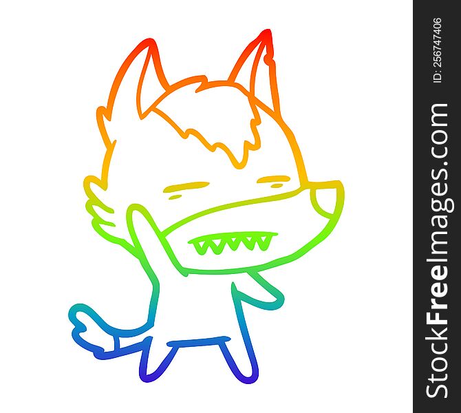 rainbow gradient line drawing of a cartoon wolf waving showing teeth