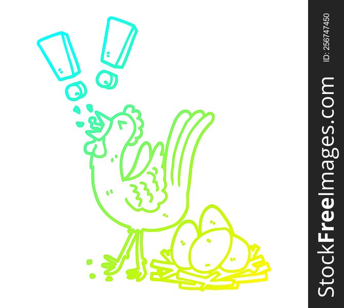 cold gradient line drawing of a cartoon chicken laying egg