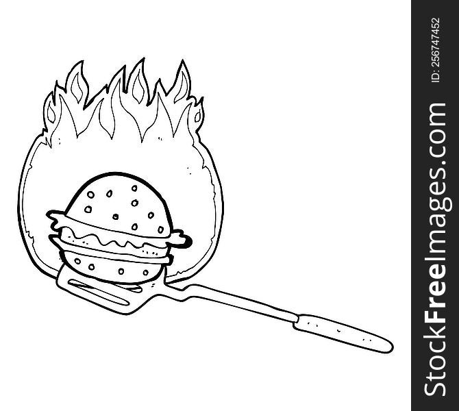 freehand drawn black and white cartoon cooking burger