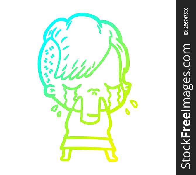 Cold Gradient Line Drawing Cartoon Crying Girl
