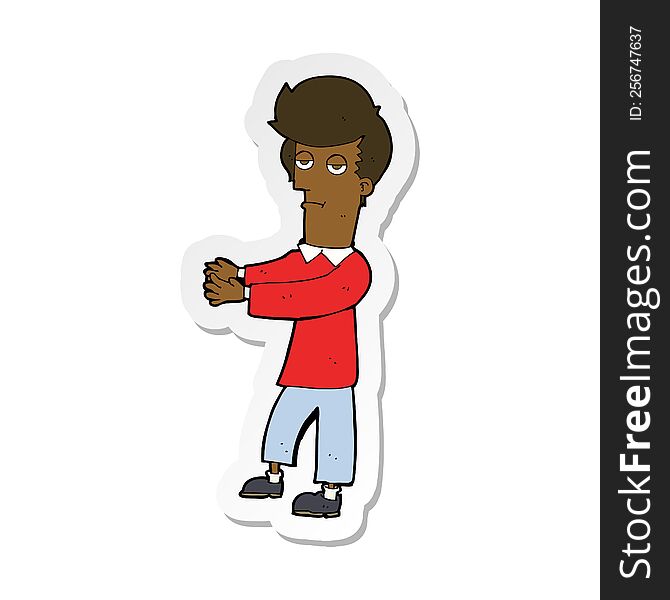 sticker of a cartoon bored man showing the way