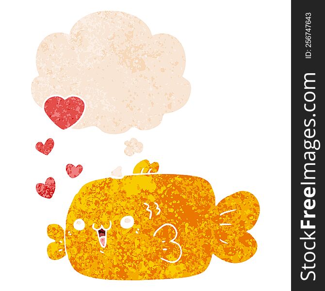 cute cartoon fish with love hearts and thought bubble in retro textured style