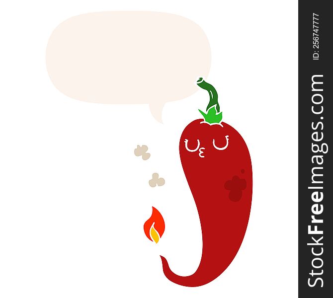 Cartoon Hot Chili Pepper And Speech Bubble In Retro Style