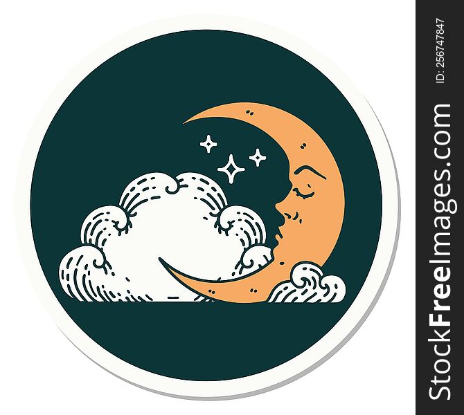 Tattoo Style Sticker Of A Crescent Moon And Clouds