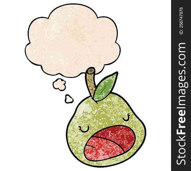 Cartoon Pear And Thought Bubble In Grunge Texture Pattern Style